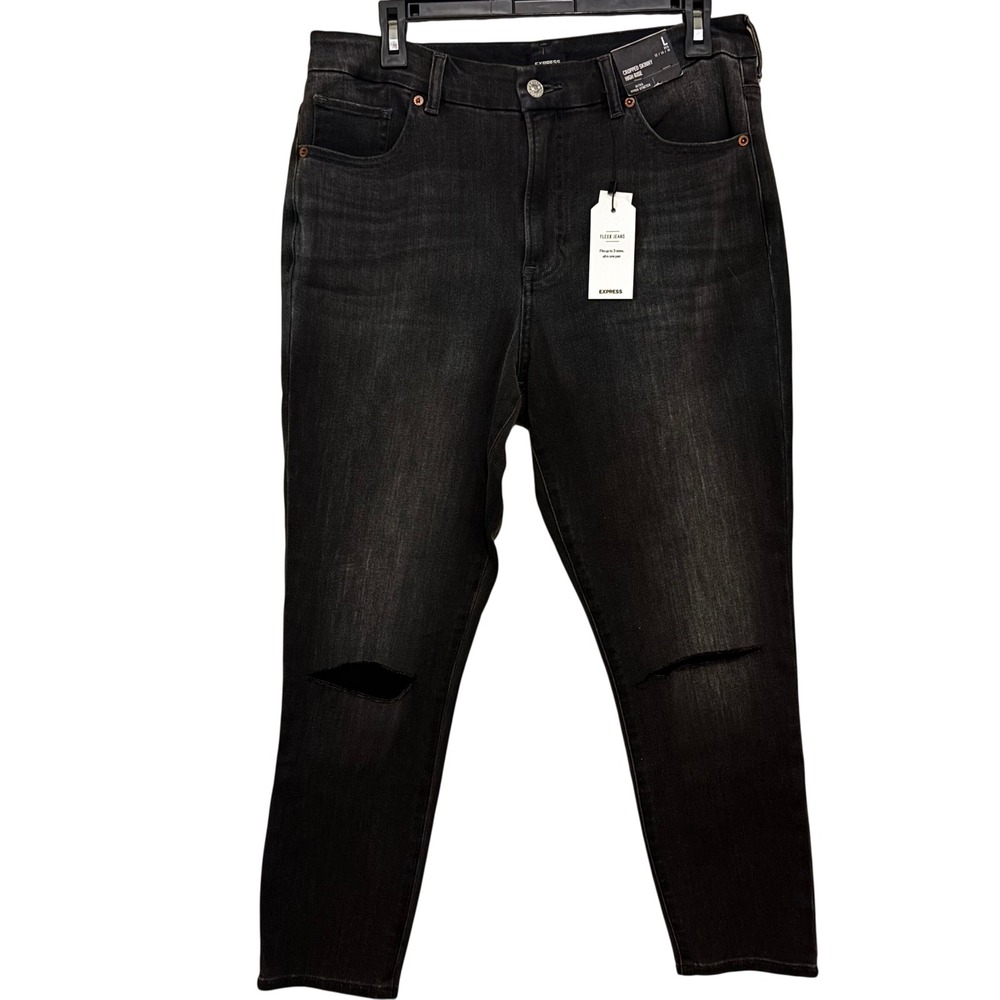 Express Women's FlexX Jeans Large‎ NWT High Rise Cropped Skinny Black Distressed